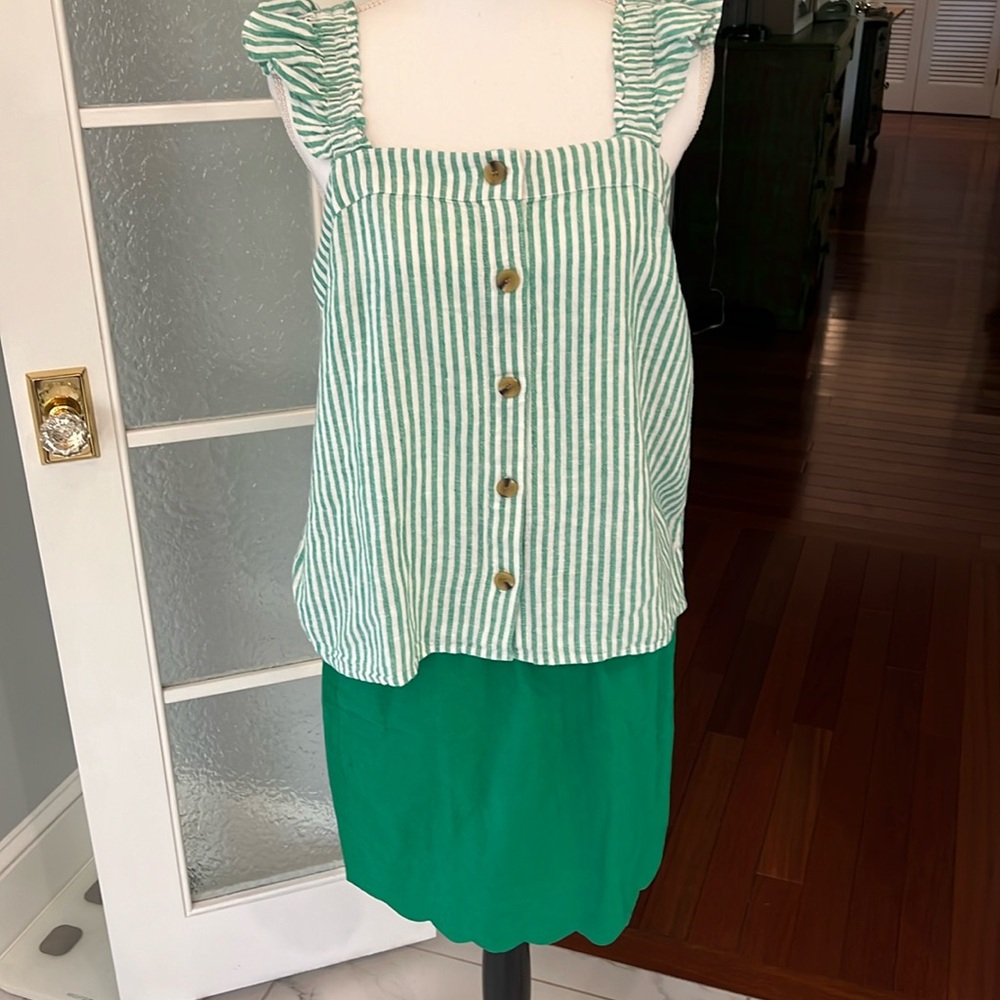 J Crew green and white stripe linen top with front buttons elastic back.